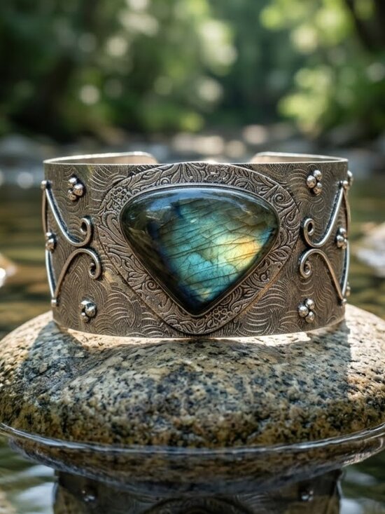 NKULTD Jewelry - 925 Silver Genuine Labradorite Artisanal Wide Open Cuff Bracelet Boho Statement